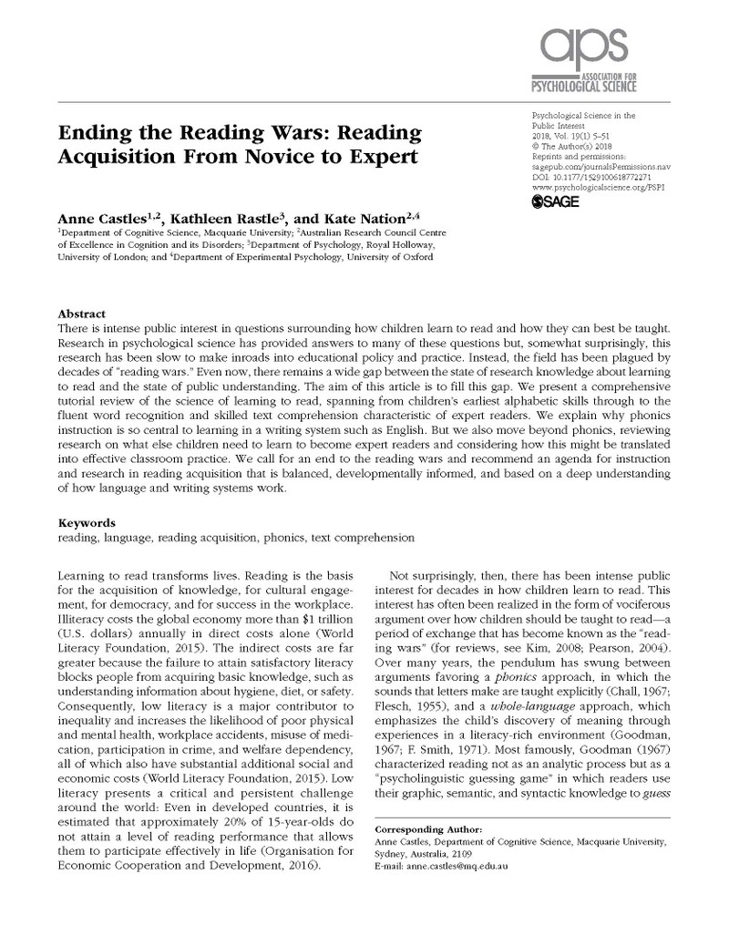 Ending the Reading Wars: Reading acquisition from novice to expert